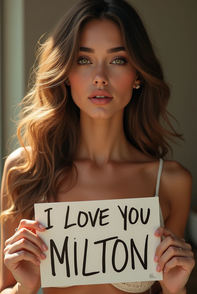 Naked Beautiful girl with wavy long hair, holding a white board with text "I Love Liverpool"