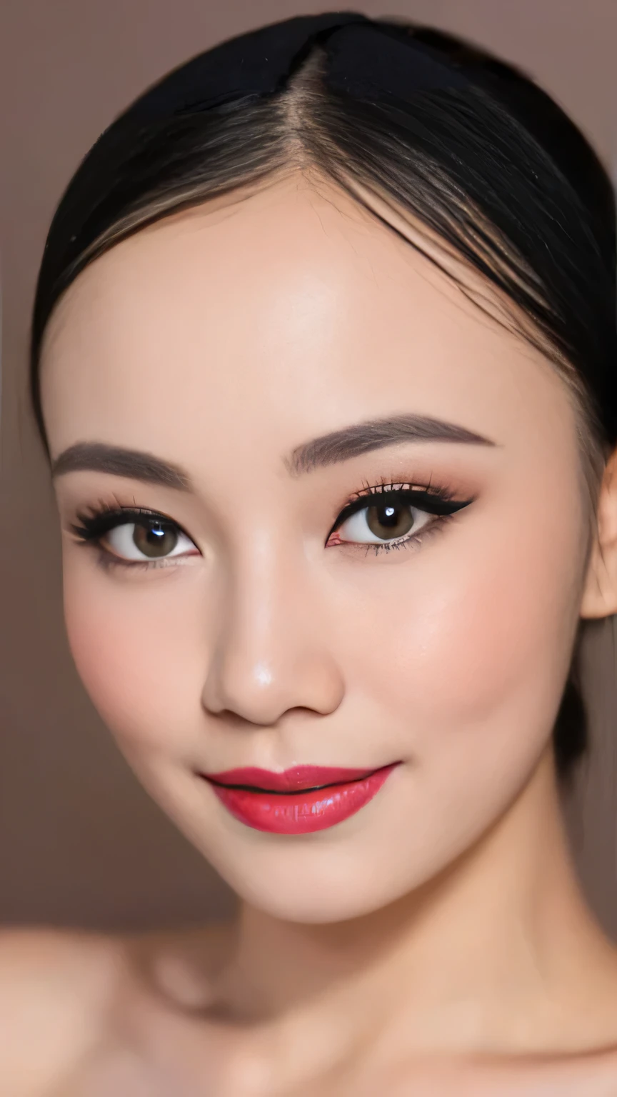 ((Realistic lighting, Best quality, 8K, Masterpiece: 1.3)), Clear focus: 1.2, 1 indonesian hijab girl, lolita, Perfect close up, beauty nude, naked, Red Lipstick, sensual Lipstick, Sensational Make up, studio background, Super fine face, fine eyes, double eyelids, naughty smile, sexy seducing close up pose