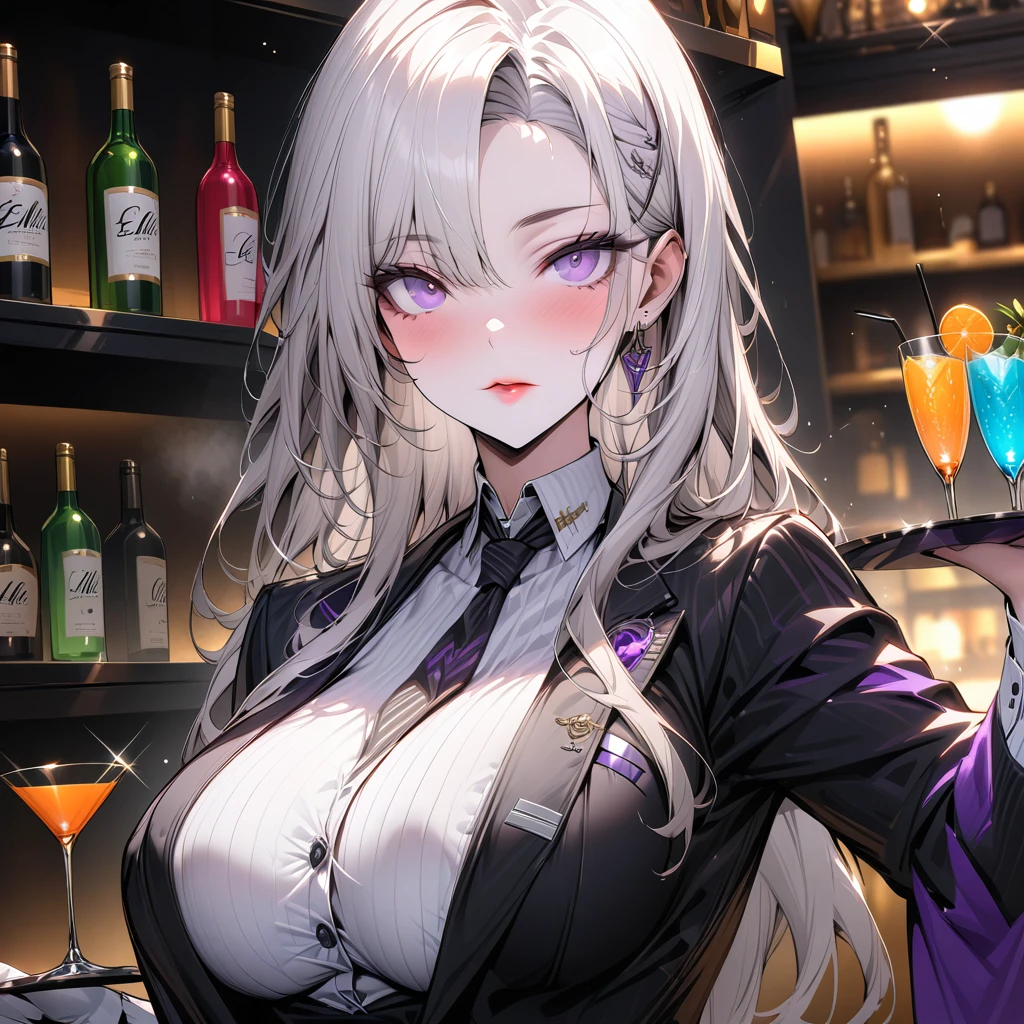 High resolution、detailed、masterpiece、Score 10、masterpiece、(elite,bartender、girl) One Woman、kissing me Big Breasts、Glamorous body、Beautiful lips、Serving cocktail drinks that you have made