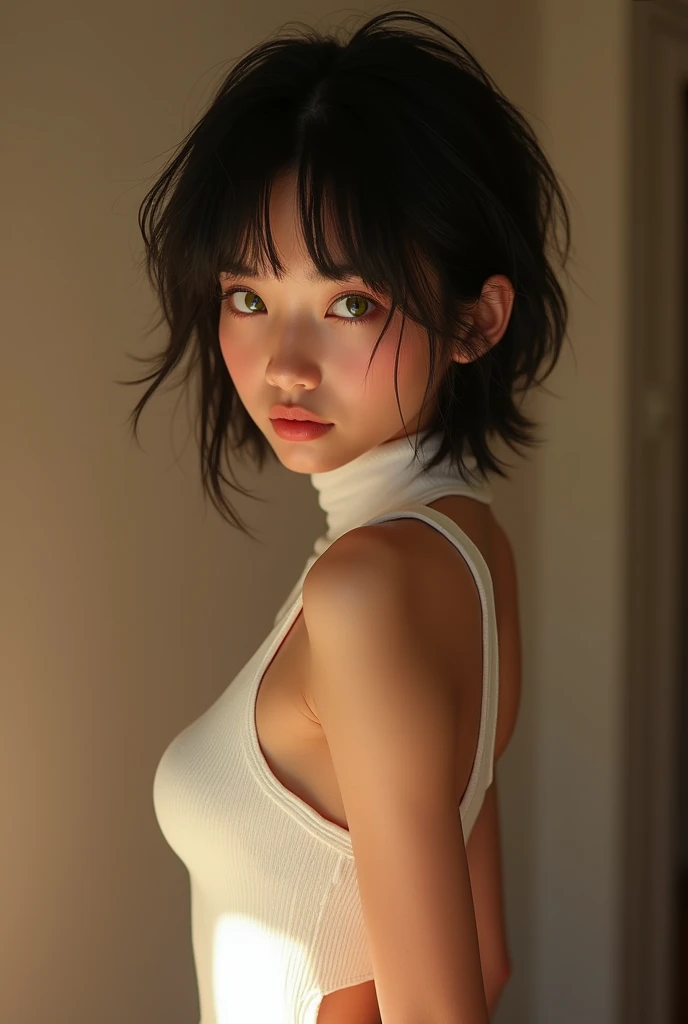 Fubuki from opm, realistic, age 25, white skin, green eyes, dark green bob hair, white fur neck collor, green coat, perfect face, perfect aesthetic shape body, large breasts, clothes covered upper body, 3d .