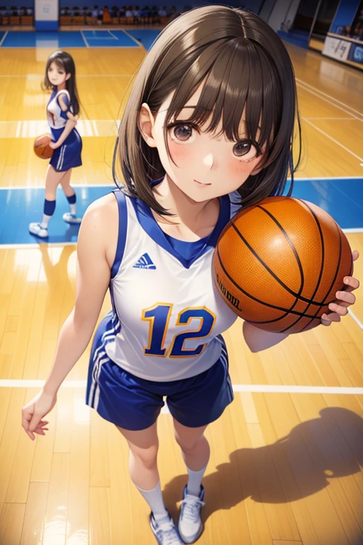 ((Best Quality)), ((masterpiece)), ((Very detailed)), (Very delicate and beautiful),1 Girl、From above、basketball、Only one girl has the ball、basketballのユニフォーム、Basketball shoes、socks、basketballの印象的なポーズ、In the gym、Accurate basketball position