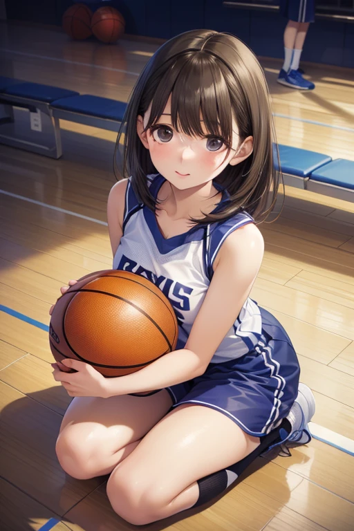 ((Best Quality)), ((masterpiece)), ((Very detailed)), (Very delicate and beautiful),1 Girl、From above、basketball、Only one girl has the ball、basketballのユニフォーム、Basketball shoes、socks、basketballの印象的なポーズ、In the gym、Accurate basketball position