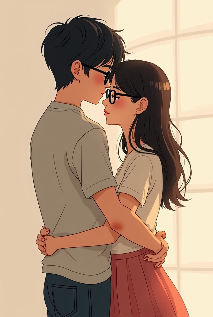 a couple, A boy with black hair, black eyes and glasses and the girl with shoulder-length black hair, with brown eyes