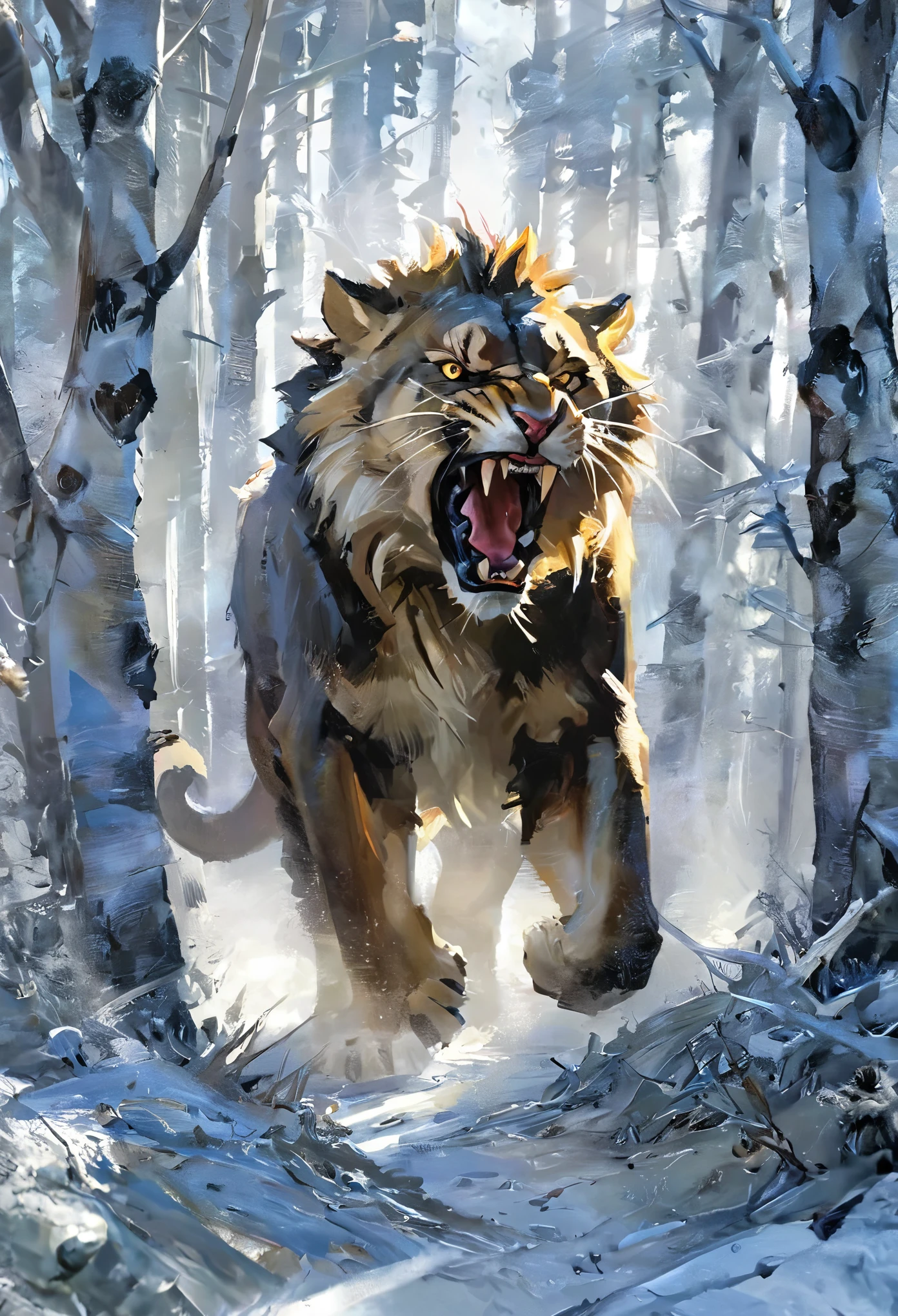 Kryos's powerful frame looms over you, his razor-sharp claws glinting in the frosty air. You feel a jolt of fear as he unleashes a bone-chilling roar, saliva dripping from his fangs. Instinctively, you raise your hands in a placating gesture, trying to soothe the feral mercenary.