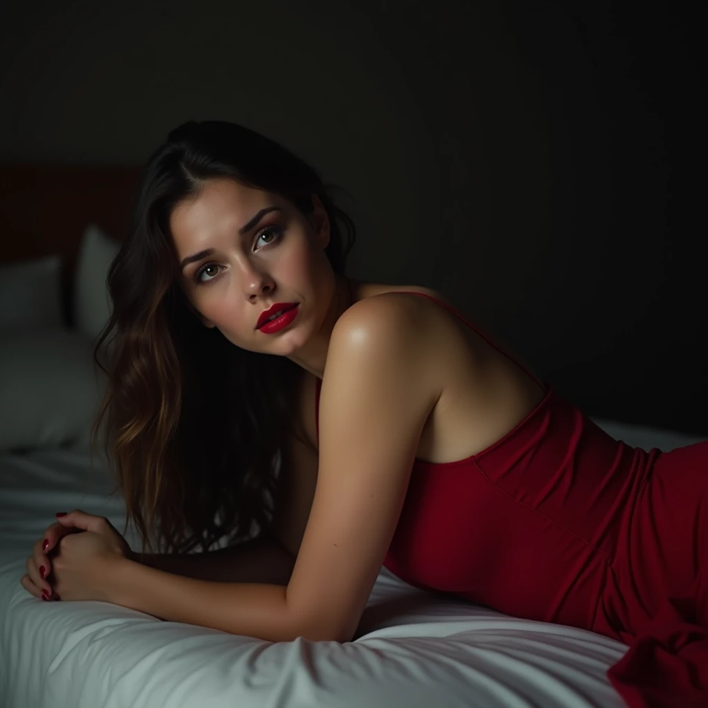 A little girl full body naked black hair sexy red lips lying on bed red bedsheet purple floor caucasian face