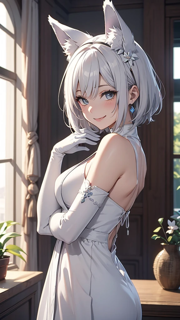 table top High level image quality best image quality 8K adult woman portrait white long gloves(elbow gloves) barefoot white long dress(Tube top) white wolf ears short hair((shortcut)(pure white hair)(perm)(fluffy)) eye color is blue attractive face((laughter)(smile)(open your mouth)) beautiful feet white pumps