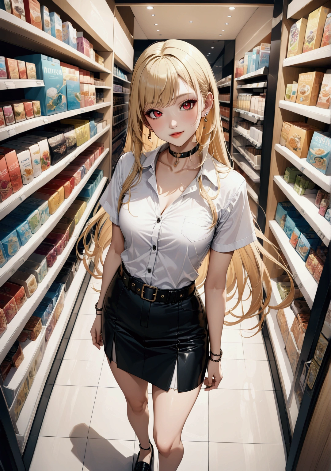 realistic anime illustration of young woman, (kitagawa_marin, blonde_hair, choker, ear_piercing, bangs, jewelry, earrings, very_long_hair, red_eyes, swept_bangs, multicolored hair), smiling at shopping mall, she wearing white short sleeve collared unbuttoned top shirt, (black pencil mini skirt with belt), and loafer ((masterpiece:1.2), (best quality:1.2), (very aesthetic:1.2), (absurdres:1.2), (detailed background), intricate details, newest), (1girl, solo, full body), (japanese anime style)