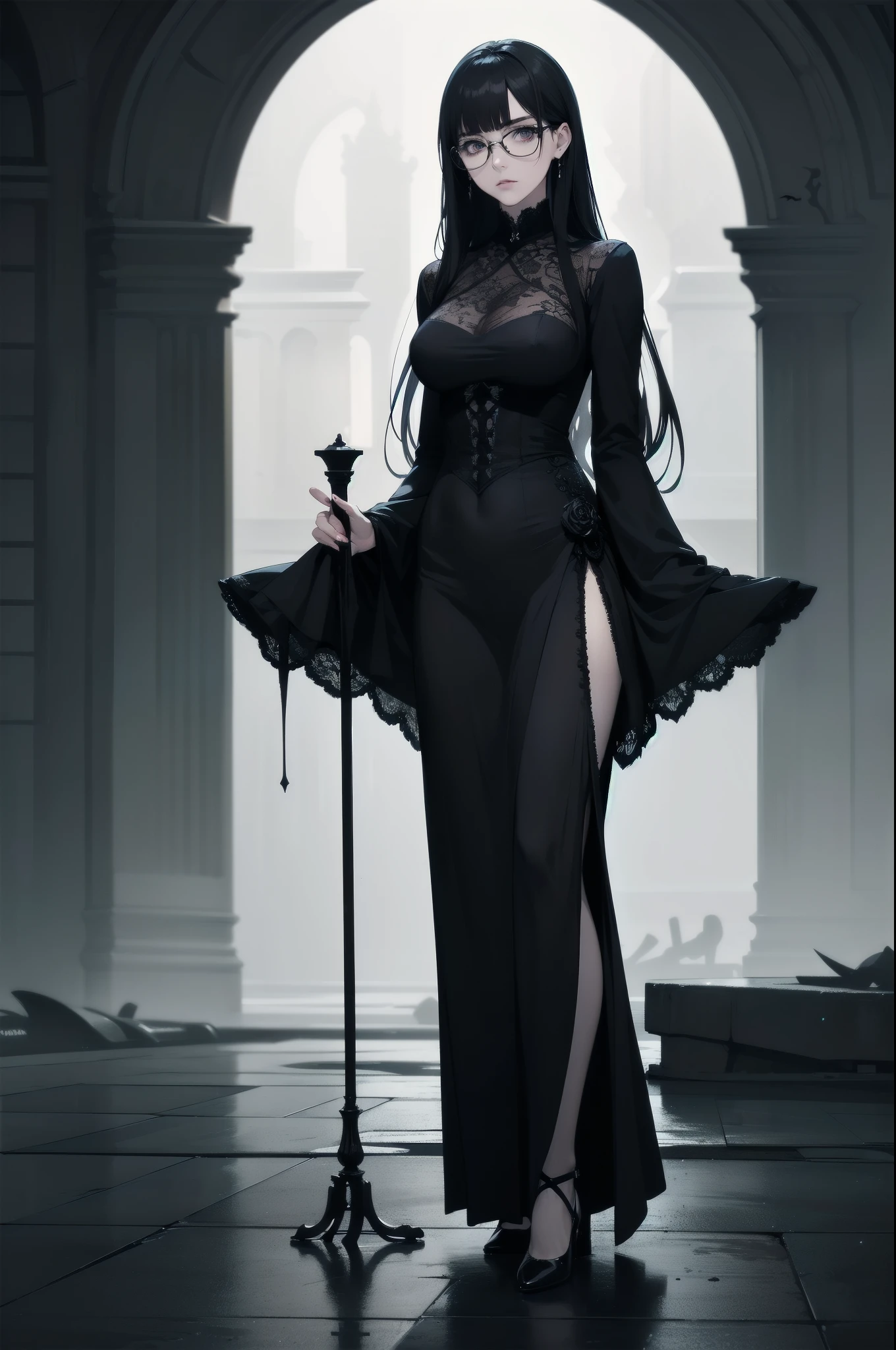 beautiful girl、cute、、Glasses、Black Hair、Long Hair、Straight Hair、bangsBangs、Bangs、Long skirt、Black pumps、Magic wand、witch、beautiful girl、Gothicドレス、Long Dress、Big Breasts、Slim body、Beautiful legs、(Best Quality,4K,High resolution,Masterpiece 1.2),Very detailed,Real 1.37,Spooky altar background,Dark fantasy,Black color scheme,Ominous atmosphere,Eye-catching,Storytelling,Anime Style,Concept Art,Inappropriate behavior,,beautiful, Delicate facial features, pale Skin, Dark Background、Dark Background, Cinema Lighting, Dramatic Shadows, Gothic, Gloomy atmosphere, Dark fantasy, One person'S, Red cheeks, ,(Blood splatter 1.3),Scary smile, Creepy Smile,TwiSted Smile、Bloody,(Blood splatter 1.3),Horror Style, ((Frilled Black Costume)), ((Flowing Black Hair)), Female Curves, Sexy flat stomach, Perfect hands, Perfect anime character face, (Black Dress)), Standing, ((evil smile)), ,(Dark fantasy1.3), Moonlight Illumination, night lighting, (Blood splatter 1.3),Anime Angel Design, Gothicarchitecture、architecture、Western architecture、Fantasy World、,Victorian city, Skeleton Gas Light,Absurd, High resolution、 ((Tabletop)), ((Best Quality)), (Very detailedな), ((Very detailed)), (beautiful), ((cute)), One personで,(1.6)、beautiful face、Full Body Ezbian、pale, beautiful肌、Big Breasts、beautiful black hair、Long Hair、Smiling Kindly、Dark building ruins、(snow white'Frill dress 1.3)、(The dark ruins are Bloody 1.3)、Low angle full body shot、(Glasses 1.2)、(Creepy 1.3)、(The girl lost a lot of blood............1.3)、(crazy smile 1.6)、(Blood dripping from the mouth 1.3)、(Glasses 1.5)、Wearing Glasses、Droopy eyes、Glasses、Gothic Dress、bangs, Long Hair, Black Hair、Dark fantasy 、background