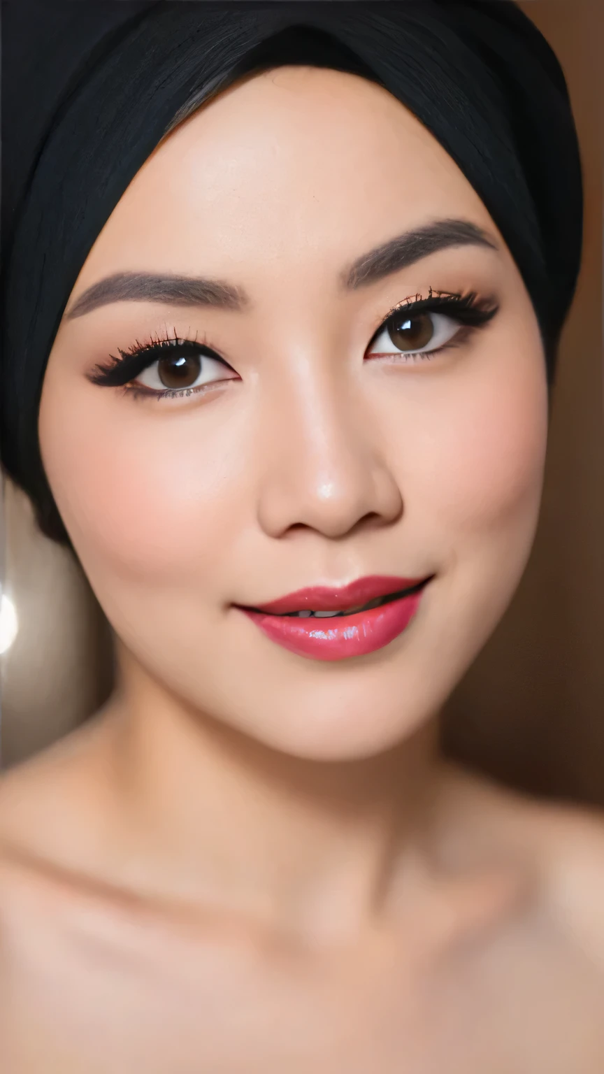 ((Realistic lighting, Best quality, 8K, Masterpiece: 1.3)), Clear focus: 1.2, 1 indonesian hijab girl, lolita, Perfect close up, beauty nude, naked, Red Lipstick, sensual Lipstick, Sensational Make up, studio background, Super fine face, fine eyes, double eyelids, naughty smile, sexy seducing close up pose