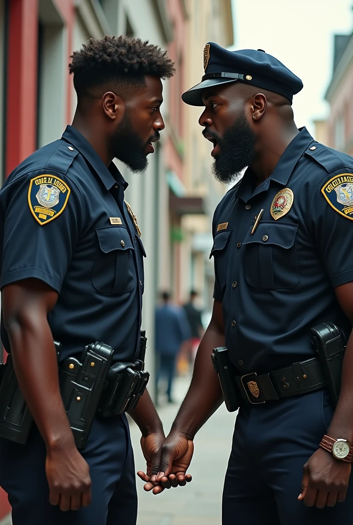 Two police officers in navy blue uniforms, one dark-skinned and the other pale, on an avenue wearing sunglasses.