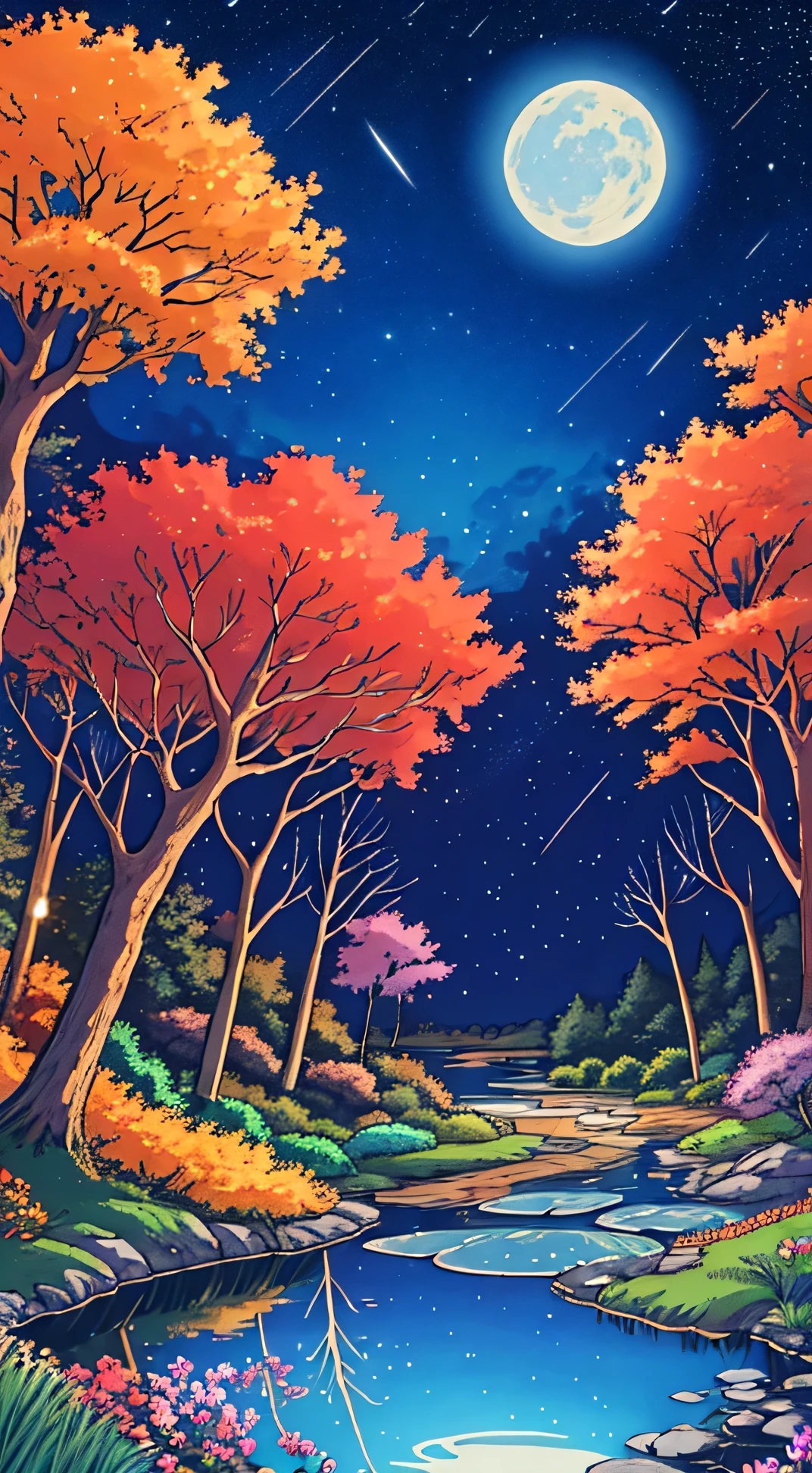 "Anime nature wallpaper of a lively forest clearing with colorful flowers, animated trees, and a crystal-clear pond reflecting the night sky. Warm, festive colors with stars twinkling, creating a magical and joyous atmosphere."