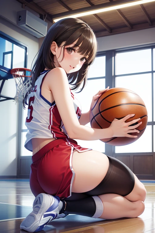 ((Best Quality)), ((masterpiece)), ((Very detailed)), (Very delicate and beautiful),1 Girl、basketball、Only one girl has the ball、basketballのユニフォーム、Basketball shoes、socks、((basketballの印象的なポーズ))、In the gym、Accurate basketball position