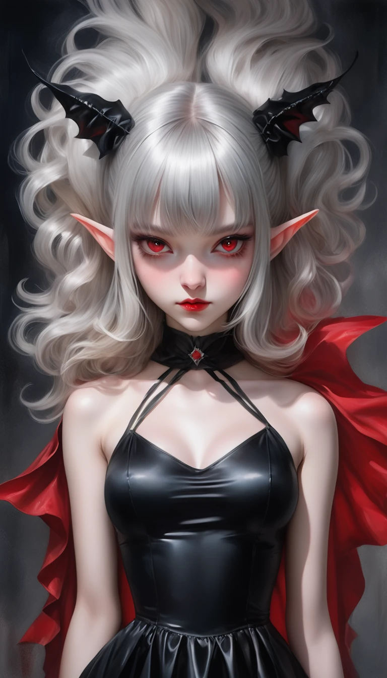 Make me a picture of a female character with 1,60 m with knee length wavy hair white skin color cold red eyes medium pink lips pear shaped body cartoon version hazbin hotel make her like a demon