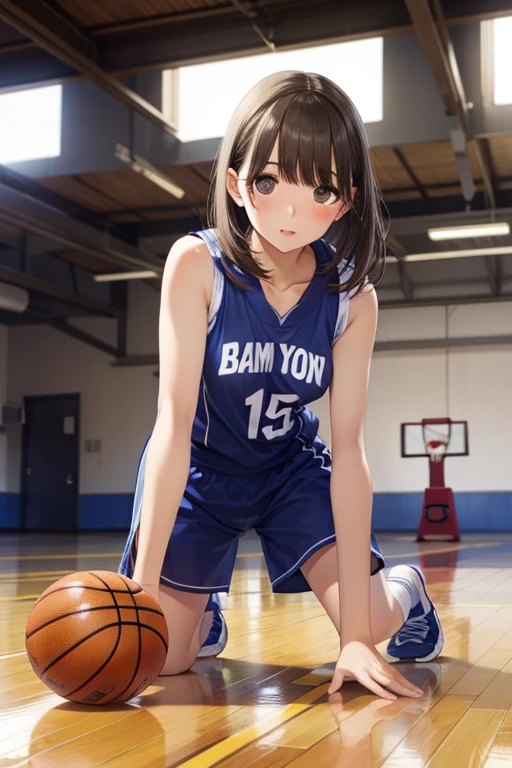 ((Best Quality)), ((masterpiece)), ((Very detailed)), (Very delicate and beautiful),1 Girl、basketball、Only one girl has the ball、basketballのユニフォーム、Basketball shoes、socks、((basketballの印象的なポーズ))、In the gym、Accurate basketball position