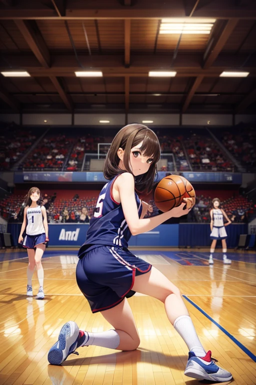 ((Best Quality)), ((masterpiece)), ((Very detailed)), (Very delicate and beautiful),1 Girl、basketball、Only one girl has the ball、basketballのユニフォーム、Basketball shoes、socks、((basketballの印象的なポーズ))、In the gym、Accurate basketball position