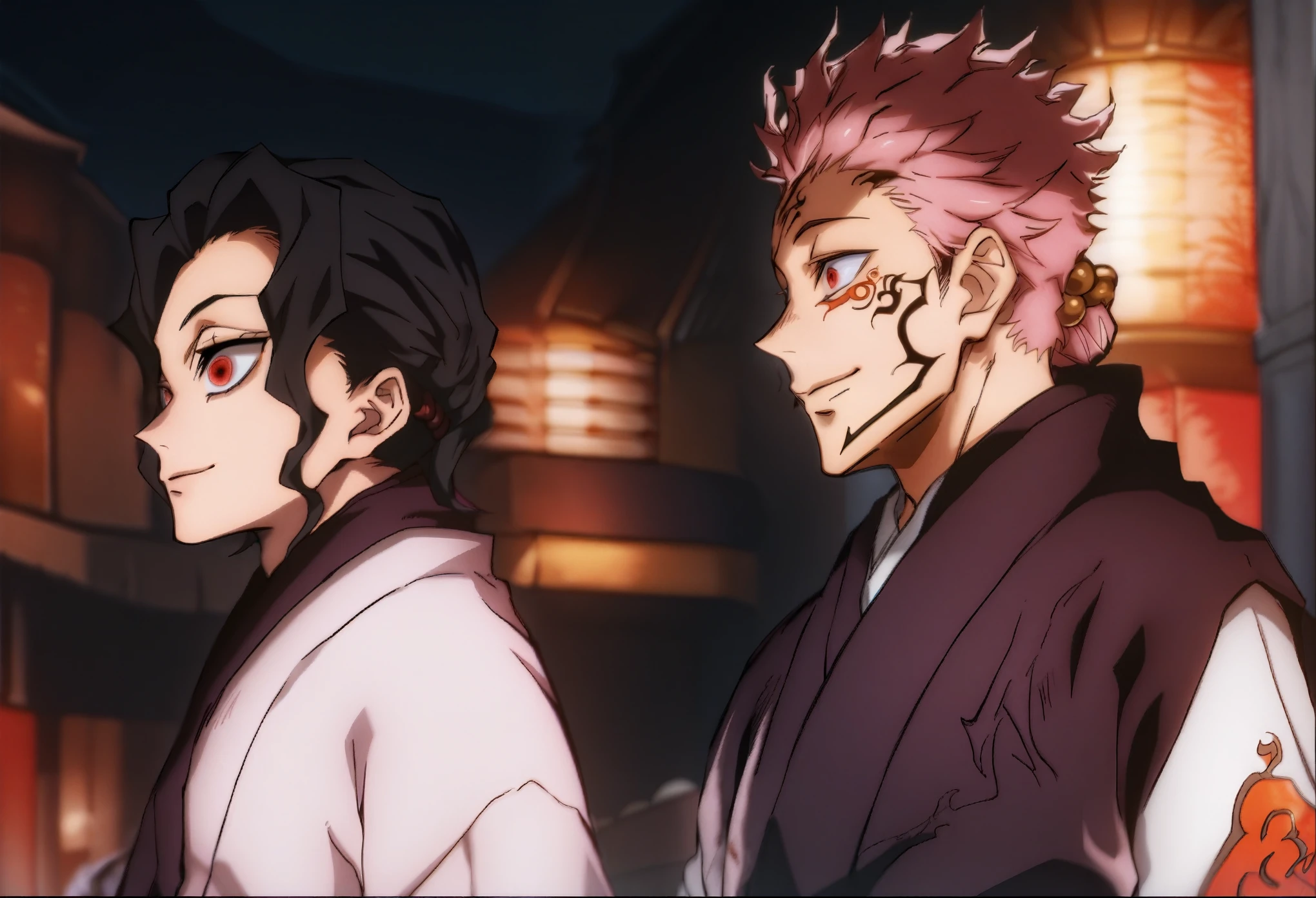 score_9, score_8_up, score_7_up, source_anime, (2men, front view, upper body, character focus, They are standing side by side:1.1), BREAK (Demon slayer, Kimetsu no yaiba style, MuzanXL, (black short hair, wave hair), red eyes, (Men's kimono, Japanese Monk's clothes), (bitter smile:1.1), BREAK jujutsu_kaisen_style, Ryomen Sukuna, pink hair, red eyes, facial tattoo, (Men's kimono, Japanese Monk's clothes), (bitter smile:1.1)