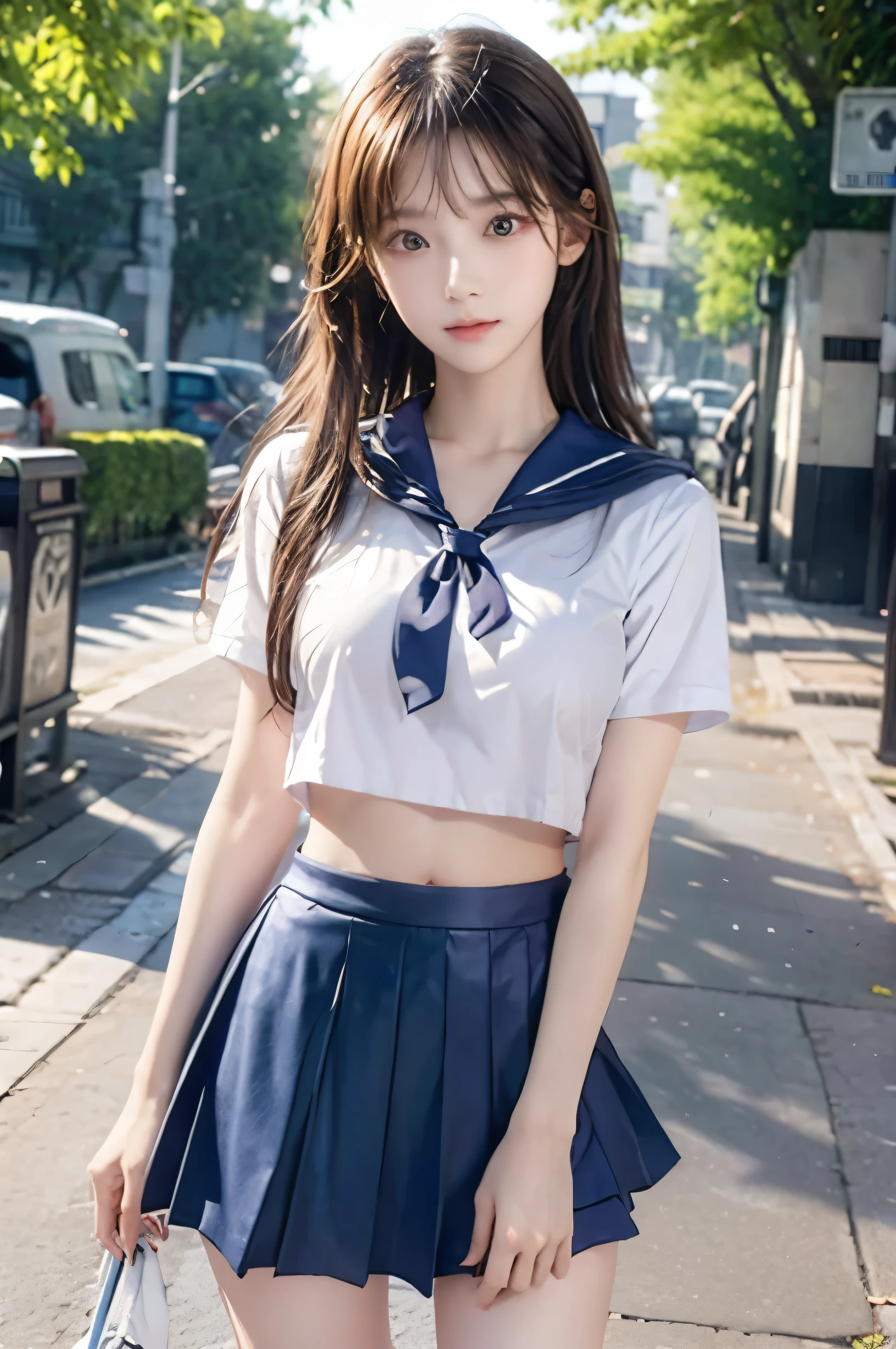 (Ultra HD), (Looking at me), (Short-sleeved sailor uniform, Navy blue mini skirt), Big Breasts, Super beautiful breasts, Slender, (Thin legs:1.2), (Thin thighs:1.2), (Thin Hips:1.4), (Beautiful Skin, Shiny skin, White skin), (Super slim face, Super beautiful face, No makeup, Smile:0.6), (Light Brown, Long Hair, Layered Cut, Fluffy hair), (Big eyes:1.3, High corners of the eyes:1.6, Double eyelids), (Thin eyebrows:0.1), (Small Nose:0.6), (Thin lips:0.6), Standing, In front of the school gate