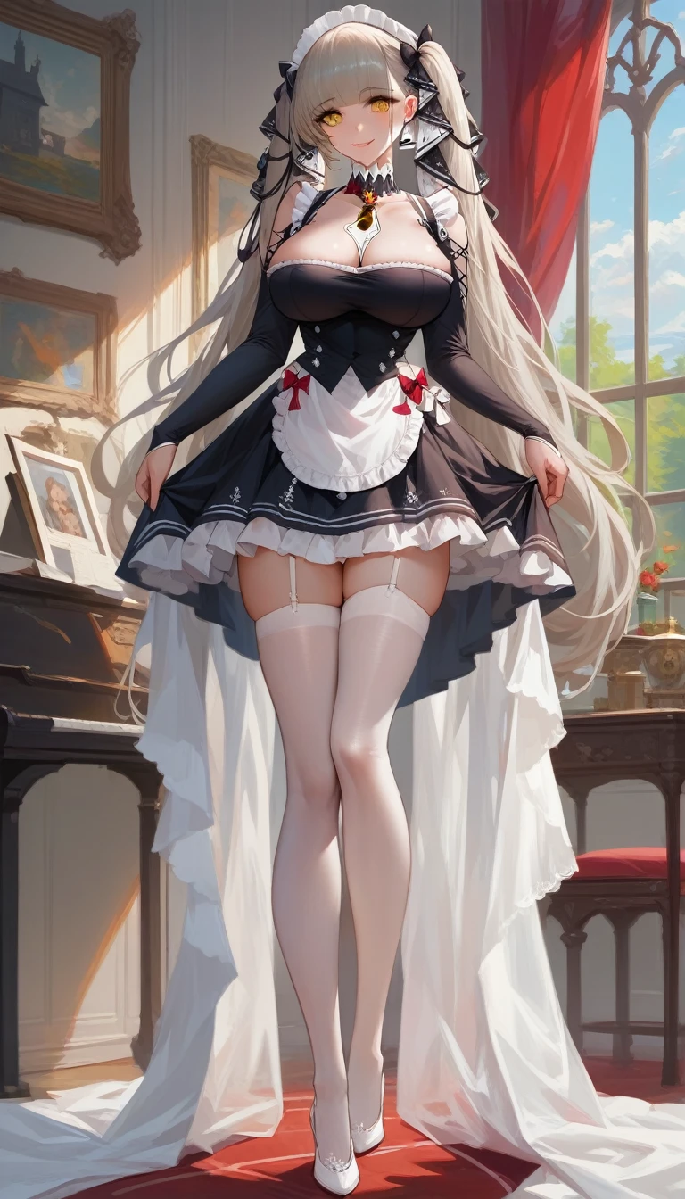 1girl, formidable, Azur Lane, (best quality), ((masterpiece)), (highres), 16K, perfect face, yellow eyes, silver hair, long hair, twintails, wearing headdress, wearing maid outfit, white thighhighs, white footwear, busty body, large breasts and a beautiful ass, showcasing cleavage, legs, hips, looking at viewer, smile, detailed full body, thigh details, house background