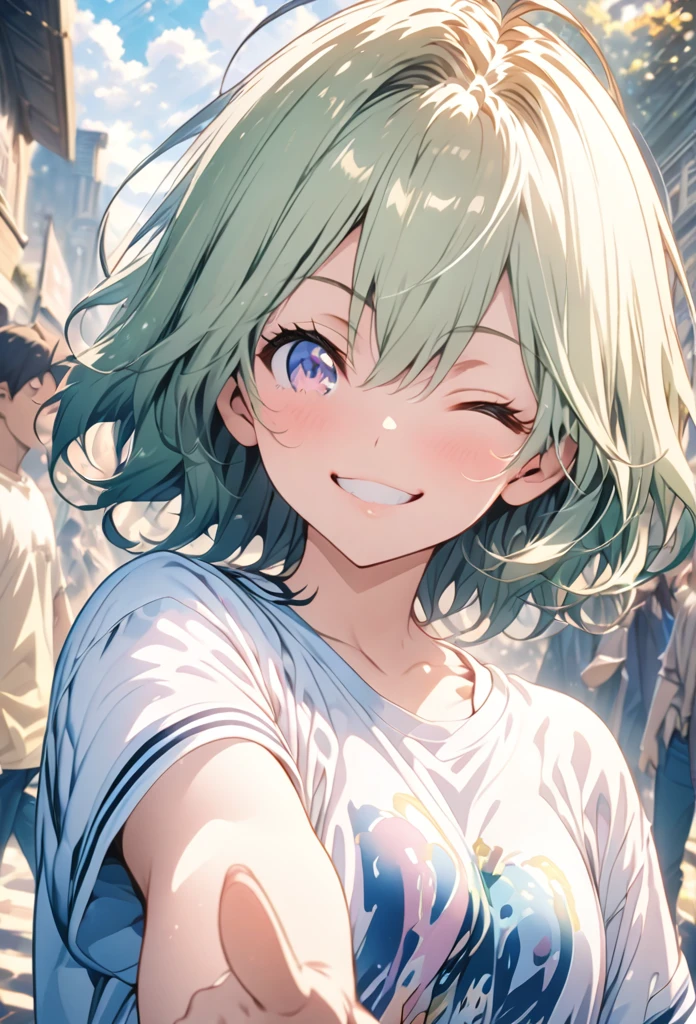 masterpiece, Highest quality, Highly detailed CG Unity 8K wallpapers, High School Girl Anime Illustration. Wearing an oversized T-shirt、She is pointing her finger、Green Hair、she has her eyes closed and mouth open, smile. The background is a light pastel colored landscape