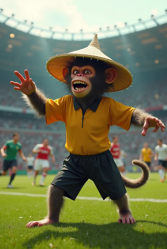 An orangutan wearing a Flamengo shirt in a football stadium farting in the opponent's face
