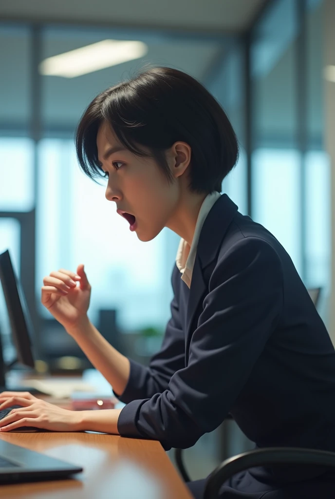 beautiful japanase woman, 30-year-old office worker, sitting on office chair, close eyes, (open mouth:1.5), eating rocky mountain mega marshmawllows, black long hair, in the office background, (unbuttoned white blouse),