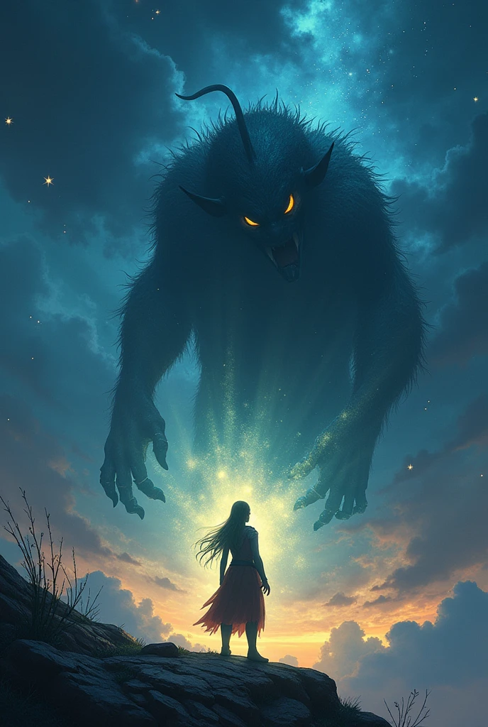 a Monster black with red eyes, he grab in your hand a very young girl , Village scenery in flames.