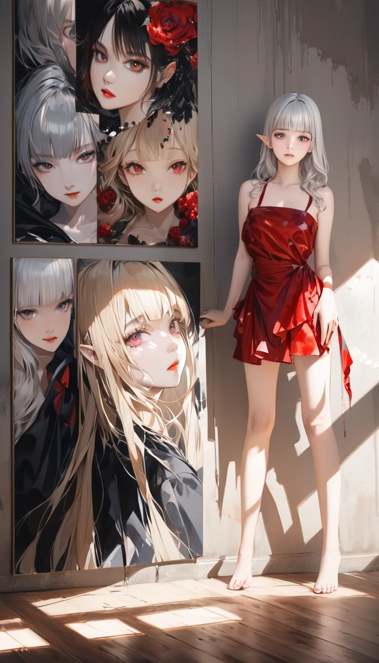 fusion of watercolor and oil painting, conceptual installation art, fusion of acrylic and collage paintings, high and fine artwork, on the right, a silver-haired kawaii elf witch with blunt bangs, black dress, on the left, a cool beauty blonde vampire, red dress, both striking beautiful eyes, glossy silky hair, amorous and lewd expression, perfect proportions, delicate and dynamic textures, contrasts of light and shadow, 2.5D, artistic photography, hyper realistic, digital graphic CG, ultra detailed, absolutely resolution, best quality