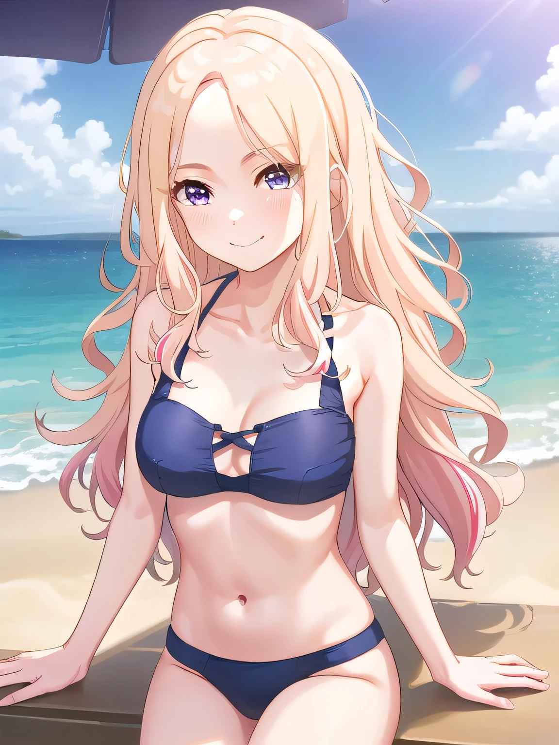 (masterpiece, best quality), highly detailed background, perfect lightingbest quality, juuousena, outdoors, beach, blonde hair, parted bangs, forehead, streaked hair, wavy hair, very long hair, purple eyes, medium breasts, purple bikini, swimsuit, smile, closed mouth, :),