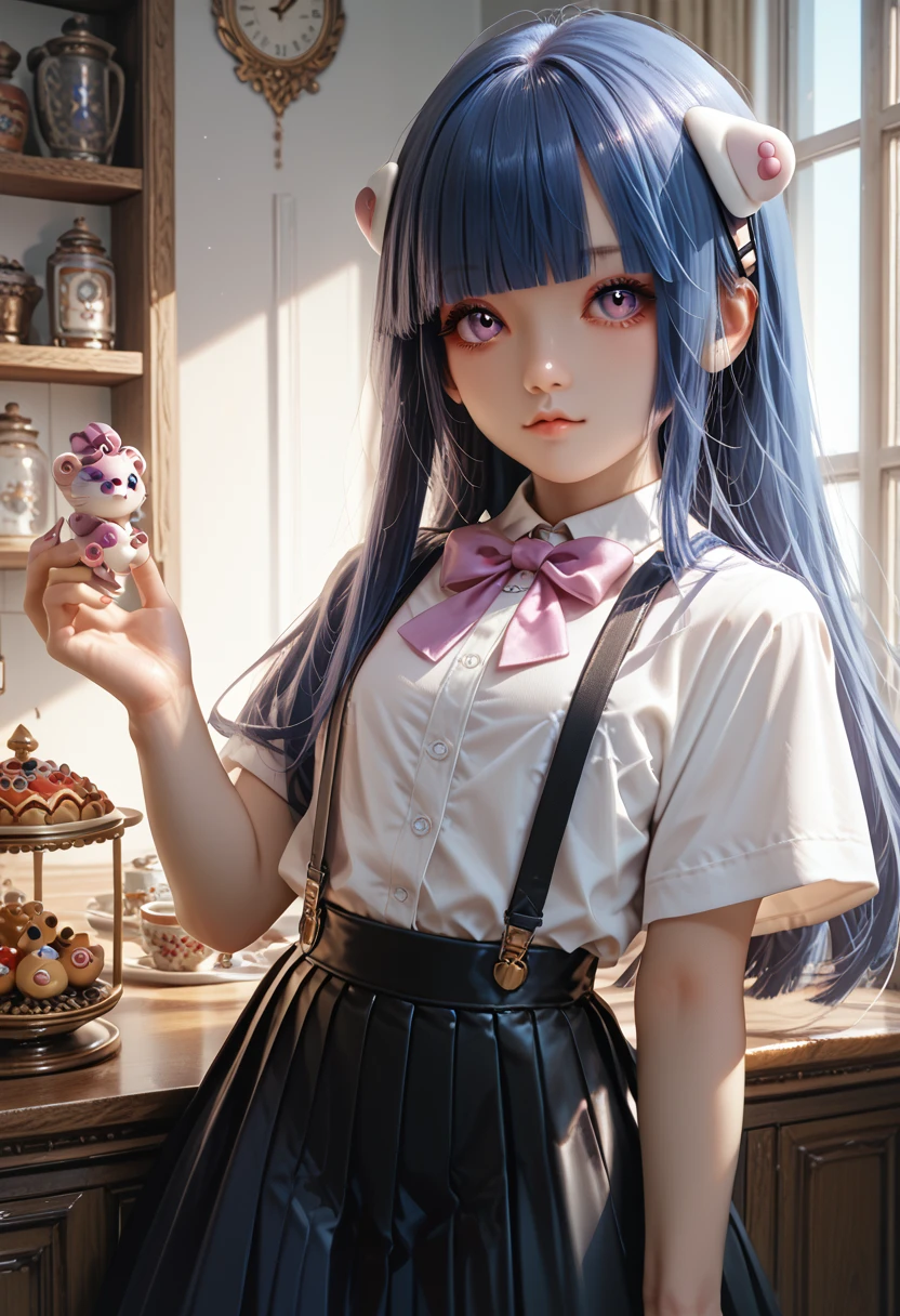 (miniature woman), (furude rika), 1 Girl, alone, Blue Hair, Purple eyes, Long Hair, blunt bangs, bangs, White shirt, Pink Ribbon, suspenders, Black Skirt,