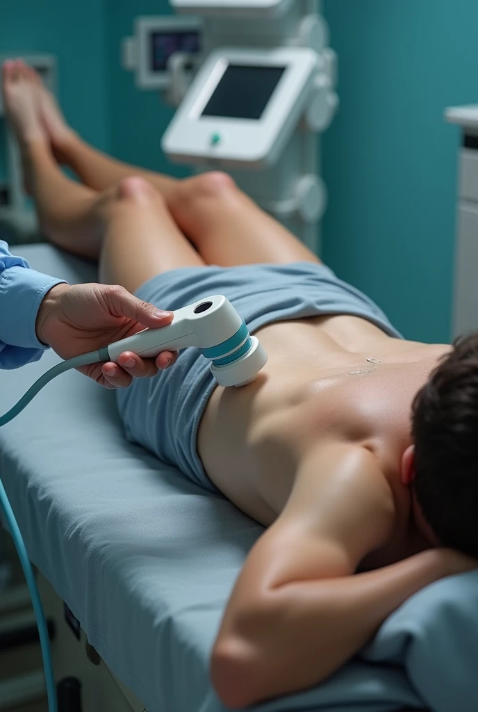 A realistic scene of laser hair removal in a clinical setting with real people. In the foreground, only the arm and hand of a beauty professional are visible, without showing the body or revealing the gender. In the background, a man with a defined and muscular body is lying down, receiving the treatment. The focus is on the man's abdomen, which is completely hairless and smooth, and the gender of the person receiving the treatment should not be identifiable. A visible laser beam is in action. The environment is clean and modern, with aesthetic equipment in the background.