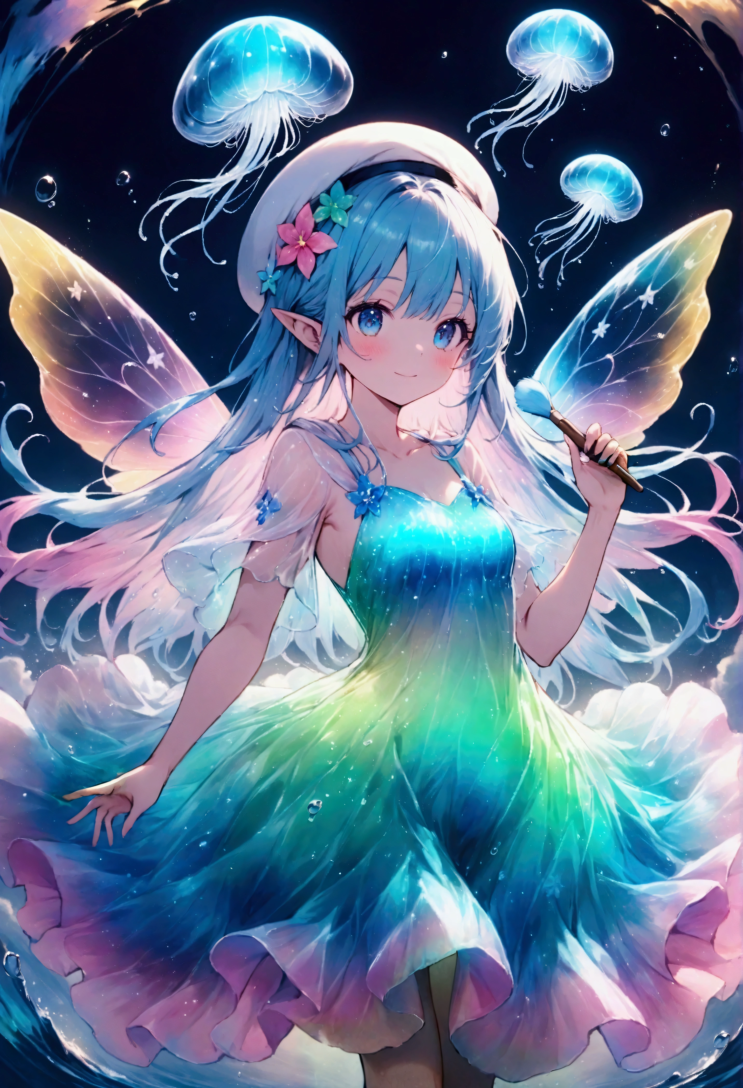 A small sea fairy with a transparent blue body resembling a water droplet, delicate jellyfish-like wings on its back, and a stylish artist's beret on its head. The fairy is holding a paintbrush in its hand, flying through the air, and using the waves and wind of the sea to paint. Surrounded by soft sea foam and gentle breezes, the character radiates creativity and joy. The atmosphere is whimsical and artistic, with warm, friendly expressions that emphasize the fairy's role as a cheerful and imaginative mascot. The scene captures a light and playful mood, with a focus on the fairy's beret and artistic tools.,Anatomically correct,colorful,Colorful,Absurdly beautiful,Transparency,Bioluminescent Dress