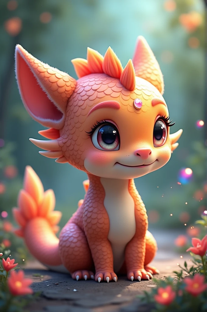 a baby red dragon wearing a blue collar studded with precious stones, playing in the grass with butterflies, colorful garden