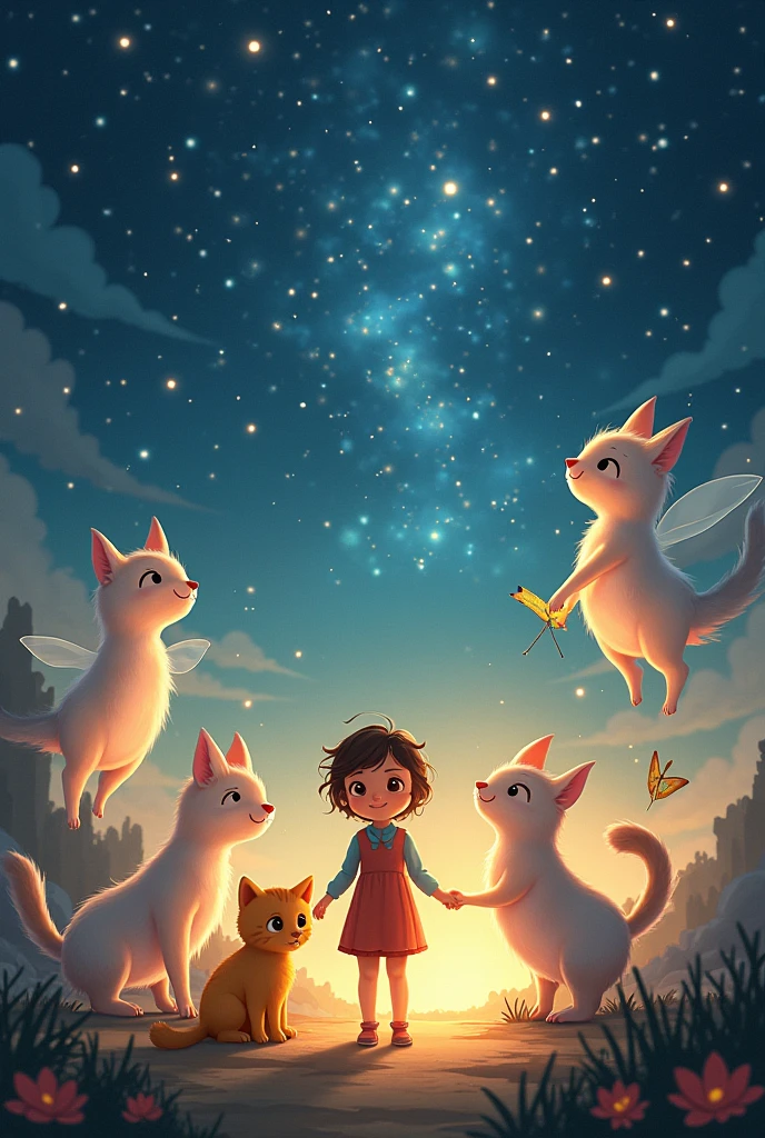 moon, cat and four magic children