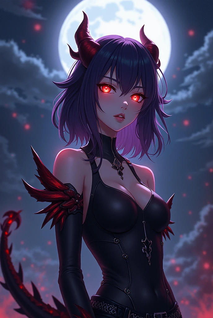 Beautiful demon woman, perfect face, skin as white as snow, black hair in inverted bob, black eyeliner, glowing purple eyes, small white horns.l, large breasts. In a haunted forest, wearing a little black dress.