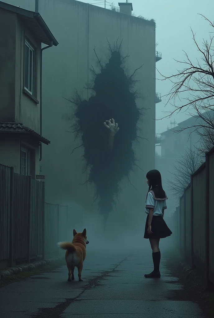 A small Japanese residential area shrouded in morning mist、There is a large, blurry black keyhole on a part of the wall at a construction site with a defect, and a black hand is reaching out from it towards a dog.、A young elementary school girl with glasses standing nearby, looking surprised.、A pug and French bulldog mix、Creepy、Creepy、Very detailed、Cinematic lighting、Dramatic colors、Moodyな雰囲気、(Highest quality、4K、8k、High resolution、masterpiece:1.2)、Super detailed、(Real、Photorealistic、Photorealistic:1.37)、Dramatic lighting、Dark Shadows、Moody、mysterious、Surreal、Creepy