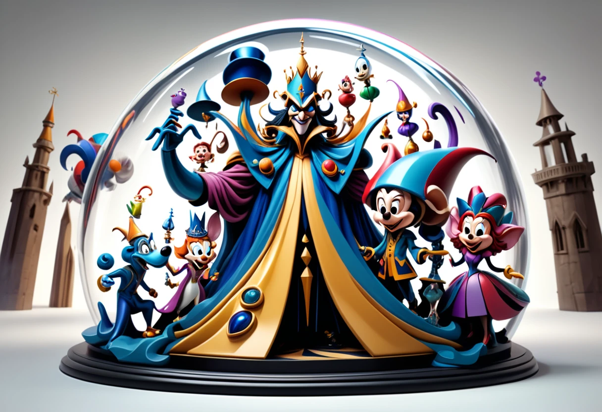 Hyper-maximalist, extremely intricate, chaotic, abstract, bedlam, image of 12 character: a children, a mother, a lover, a jester, a queen, a magician, a rebel,  a sage, a guy of next door, an hero, an explorer, an artist in  a glass dome. 3D animated Disney inspired.. White background.