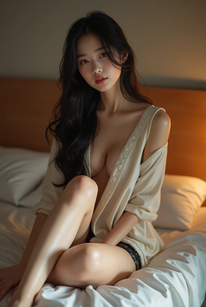 8K、pieces fly, (RAW photo:1.2), (realistic:1.4), beautiful face、beautiful detailed girl, very detailedな目と顔, beautiful and fine eyes, (Pure Eros Face:1.2)、ridiculous, incredibly stupid, huge file size, Super detailed, High resolution, very detailed, highest quality, masterpiece、 (((night)))、(((nightのホテルの室内)))、((Skyscrapers from the window))、((Bed Scene))、((night景))、((long straight hair)), (((white bathrobe))), ((cotton bathrobe))、((cleavage)), ((No bra))、An illustration, very detailed, ticker, unity, 8k wallpaper, wonderful, small details, masterpiece, highest quality, very detailedなtickerユニフォーム8k壁紙, face light, movie lighting、23 years old、1 girl、(pantiesーなし)、(no glasses)、((dynamic pose))、(camel toe)、(half)、(panties)、(barefoot))、(Place your head on the pillow)、((sitting on the bed))