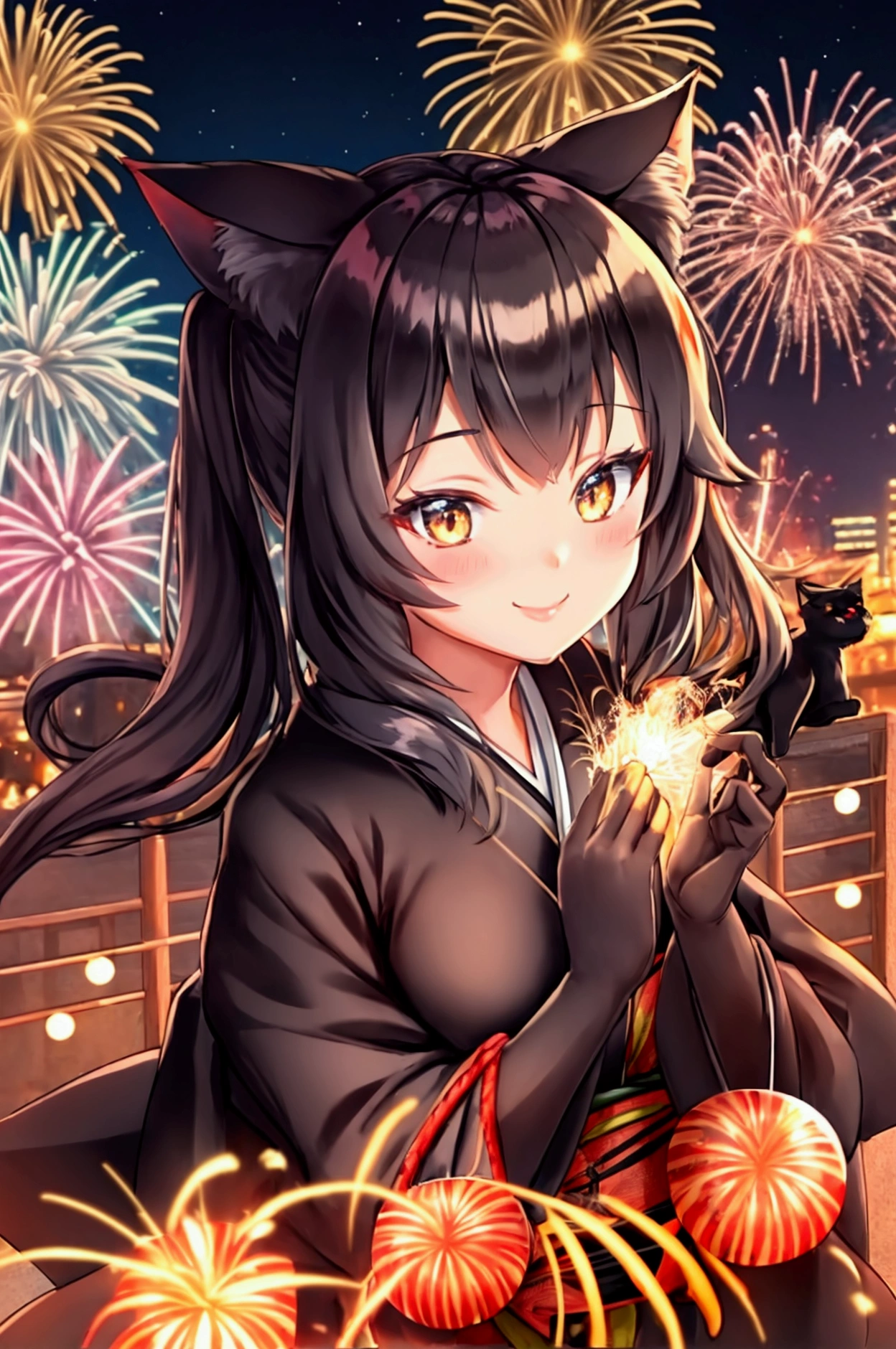 Black Cat Girl，kimono，Smile，Fireworks