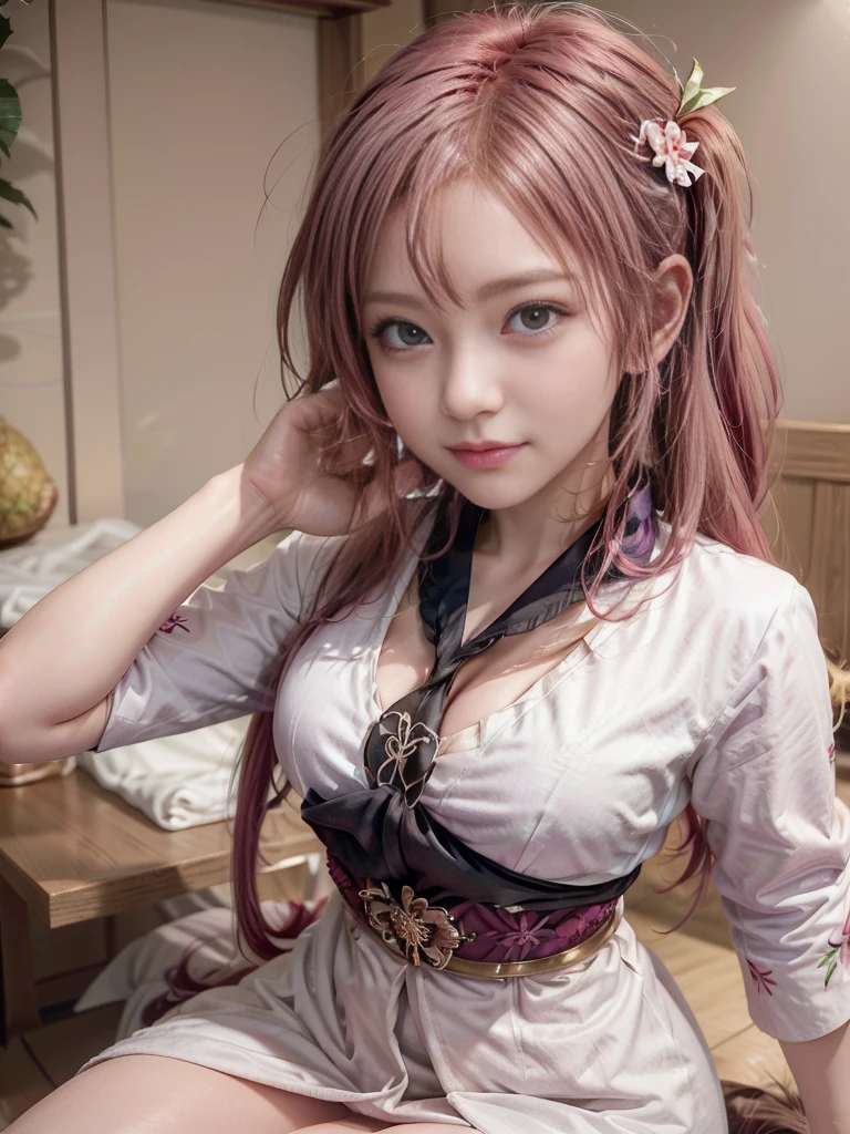 (Full Body View:1.2)、(squat:1.3)、(Beautiful lips, cheeks and skin:1.4)、(Beautiful:1.4)、(Smiling with teeth showing:1.3),(Shibuya Gal:1.5)、(Gothic Lolita vibe:1.5)、(White, red, magenta, and blue miniskirt courtesan kimono showing cleavage:1.5)、(New Year:1.4)、(Luxury hair ornaments/hairpin:1.5)、(Short kimono:1.3)、(Make-up like a maiko:1.5)、(Bewitching Woman:1.3)、(Dense kimono:1.4)、(Wearing flashy knee socks:1.2)、(The underwear has an embroidered pattern:1.4)、40 years old、(Dance vigorously:1.3)、((Highest quality、8k、masterpiece:1.3))、1 Female、Slim and beautiful abs:1.3、(hairstyle casual、Beautiful boobs:1.1)、dress:1.1、Super small face、Narrow eyes、double eyelid、A sloppy smile、Esbian all over、Dynamic Angle、Close-up、CPL Filter、Blurred Background、Bokeh、Blue Hour、Detailed face and skin texture、Detailed eyes、double eyelid,(Twin tails:1.3)、(Pink Hair:1.3)、Gravure idol、(The background is a gorgeous Meiji-era town:1.3)、(Thin body:1.2),(Thin thighs:1.5),(clavicle:1.1)