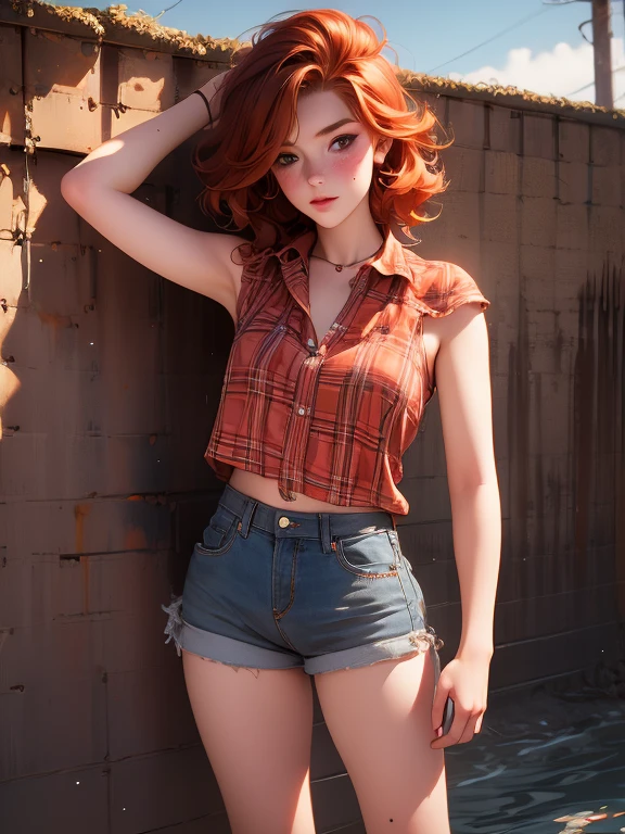 Single girl , lush , curved ,redhead, short shorts unbuttoned, a short plaid shirt is open and the chest is visible, pale skin and freckles, redneck girl, posing sexy
