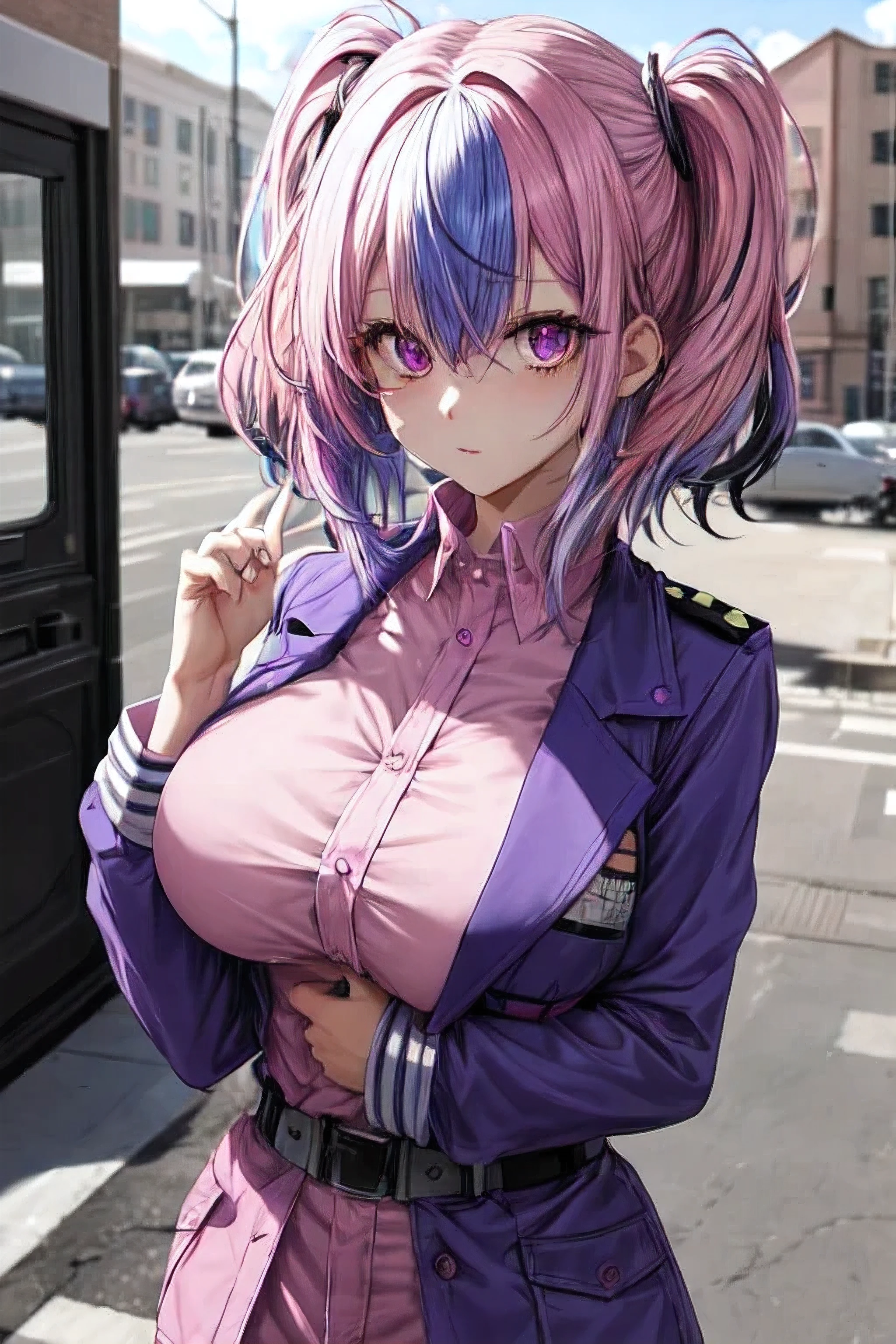 (Original Character、Unity 16K Wallpaper, Masterpiece, Best Quality, Ultra-Detailed, Extremely Detailed, Caustics, Cinematic Lighting, Detailed, Beautiful Detailed Eyes), Ultra High Resolution, fine skin, (busy city、strong light,16 years old,Slut,flasher、blush、bare chest、skirt)、(brighten the subject、undressing,open clothes),casual、cleavage、pink hair