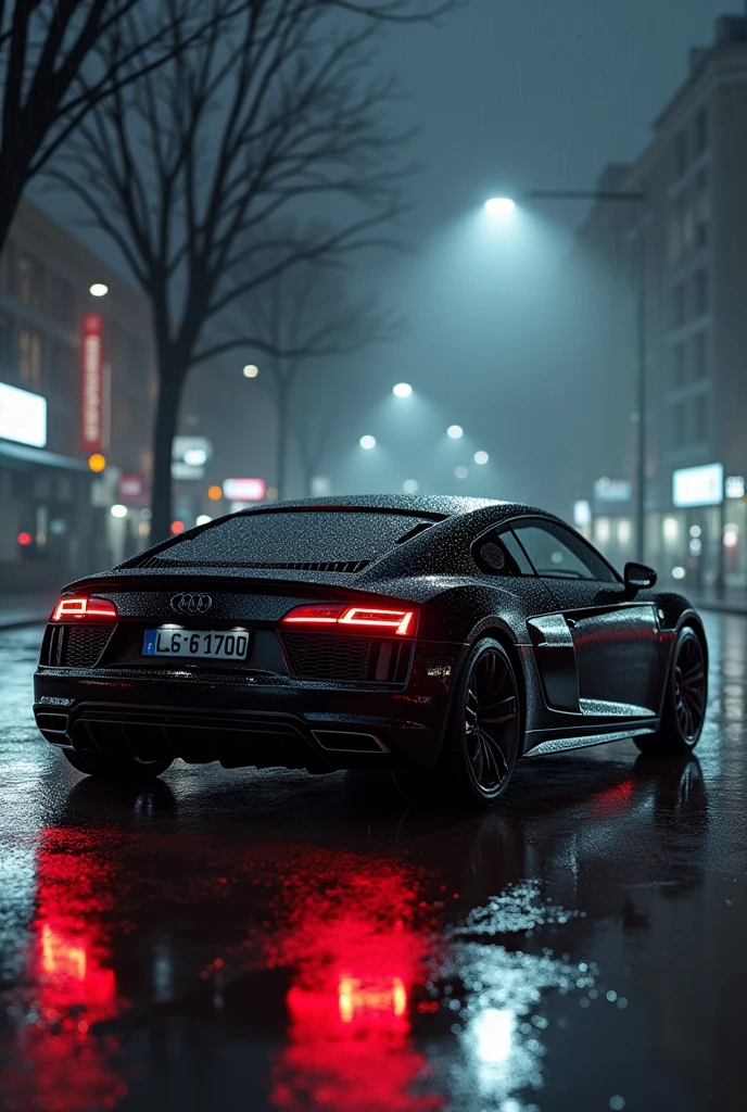 Audi r8 with Balck colour in beach with couple rain drops on car at evening with neon light
