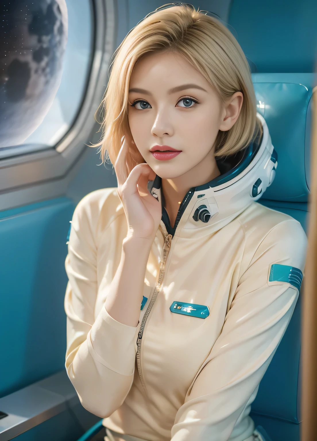 (masterpiece:1.4),(,Reality), A beautiful blonde woman,Short Hair 2, She wore a full-length teal space suit, She has perfect hands and face., She is sitting in the space capsule, There are computers and flight controls., and exclusive, luxurious, You can see the moon from the window