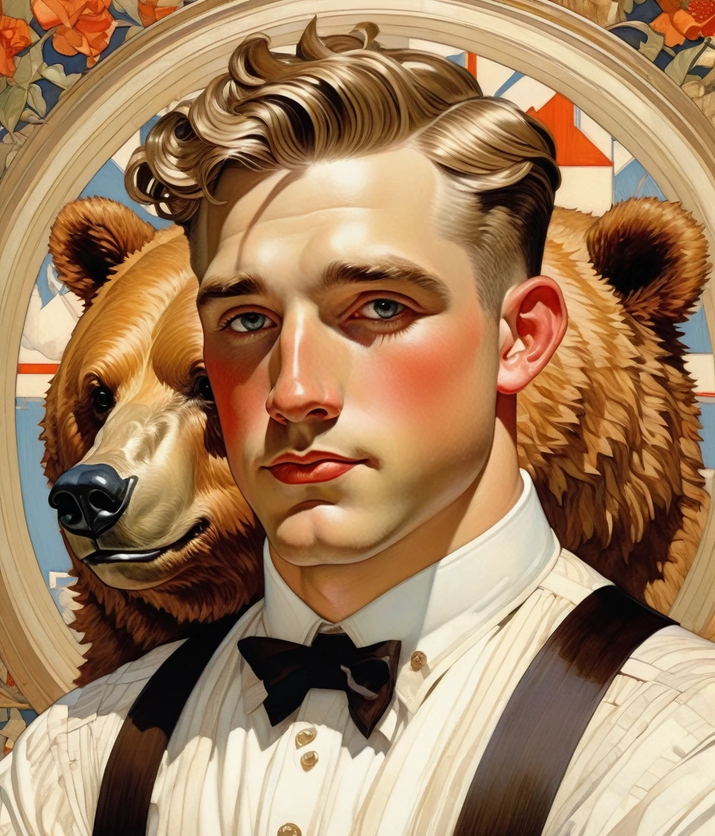 J.C. Leyendecker Style page, (cute, chubby, male, bear), hires textures, highly detailed, intricate details, best quality, masterpiece