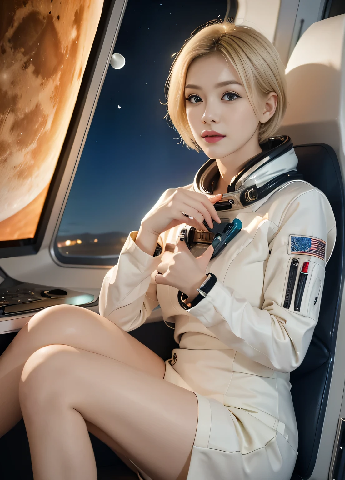 (masterpiece:1.4),(,Reality), A beautiful blonde woman，Short Hair 2, She wore a full-length teal space suit, She has perfect hands and face., She is sitting in the space capsule, There are computers and flight controls., and exclusive, luxurious, You can see the moon from the window