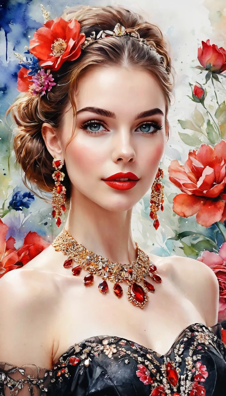 Watercolor-based paint, (((pictured from the knees up))) a masterpiece. beautiful realistic woman, detailed face, crystal clear amber eyes, red lipstick, flowing brown hair, delicate earrings and necklace, shiny red and black satin floral dress, exposed shoulders, flowers background, stunning image, watercolor bokeh hues background, UHD.