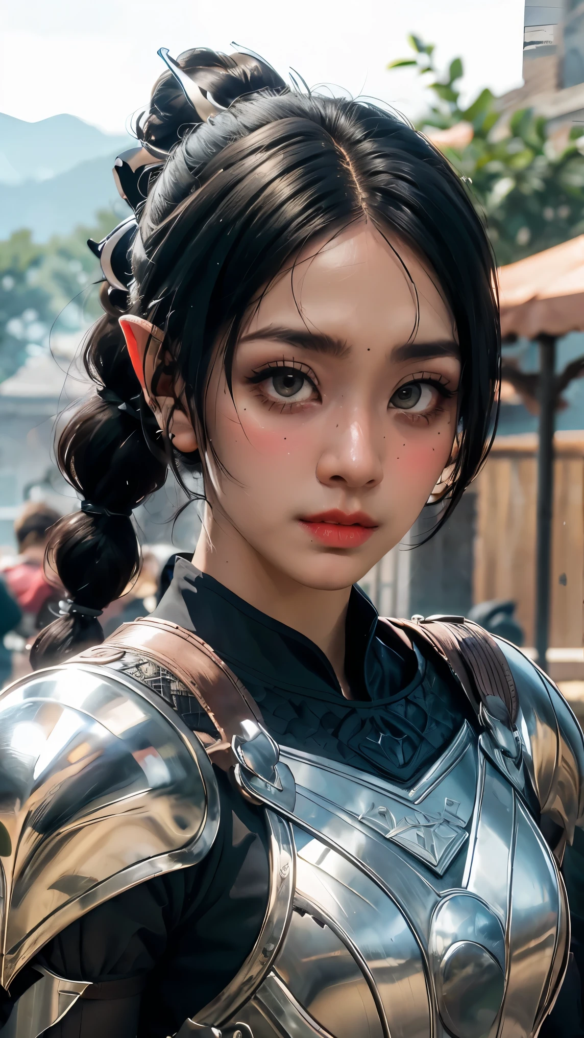 masterpiece, best quality, highres BREAK
dsshadowheart, black hair, long hair, ponytail, bangs, braid, hair ornament, pointy ears, green eyes, circlet, armor, breastplate, pauldrons, 1girl, solo BREAK
standing, castle town, medieval, street, detailed background
