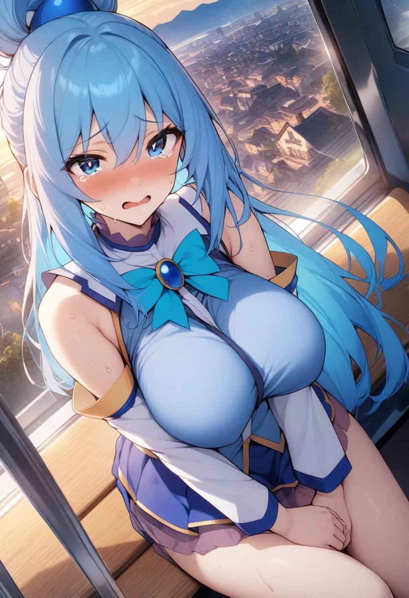 1girl,solo,long hair,open mouth,smile,upper body,blue hair, blue eyes, detached sleeves,Large blue sphere hair ornament,bare shoulders,single hair ring,green ribbon,blue shirt,Females in heat,blush,super huge breasts,slender,looking at viewer,near,hotel