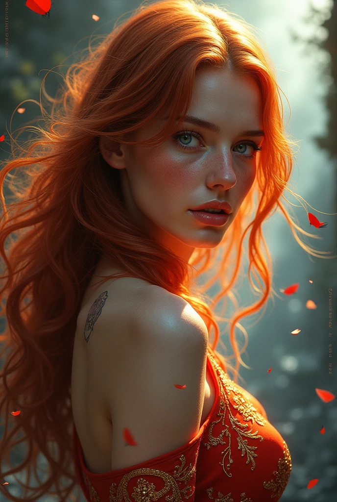(((full medium shot))), (Masterpiece, photorealistic, photorealism, best quality, ultra-detailed: 1.3), (beautiful hands, perfect hands), beautiful thighs, official art, cinematic light, (1 girl: 1,3), adult, young lady, long curved red hair, oil and watercolor painting, (sketch: 1,1), limited palette, bright green eyes, fleshy red mouth, red hair with light highlights, skin bright, empty eyes, (lips: 0.4), (watercolor: 0.8), (ink splatters: 1.2), (flesh griffiths: 1.2), red flower background, masterpiece, cinematic shadows, deep shadows, details intricate, award-winning, beautifully lit, cinematic lighting, ray tracing, dynamic angle, dynamic pose, full body shot, vibrant, beautiful, painterly, detailed, textural, artistic, sharp focus, very inspiring, innocent, elegant, impressive, rich , elite, epic, professional, surreal, extremely complex, highly colorful, color balanced background