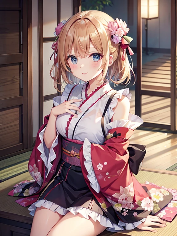 character//1 girl,((light golden hair:1.2)),((loosely tied long ponytail:1.2)),((Ponytails are fluffy and voluminous)),((Luxurious hairpin in a hair knot:1.3)),((A horn grows from the forehead1.6)),((demon cosplay girl:1.4)),BREAK//((Fluttery dress with a wide open chest:1.4)),((The hem of the dress is stepped々The frills give it a gorgeous feel.)),((The pattern of the dress is a Japanese pattern with prominent peony flowers.:1.5)),((The hem of the dress is long enough to cover your legs.:1.3)),((one piece color、white, red, pink, yellow, and light blue)),BREAK//,((no background:1.2)),((close up of face:1.2)),